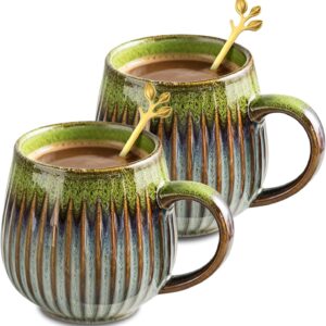 Pack of 2 Large Coffee Cups, 500 ml Ceramic Coffee Cup with Gold Leaf Spoon, Cappuccino Cups, Handmade Coffee Mug, Ceramic, Stoneware Cup, Jumbo Cup for Coffee, Milk, Tea (Ink Green)