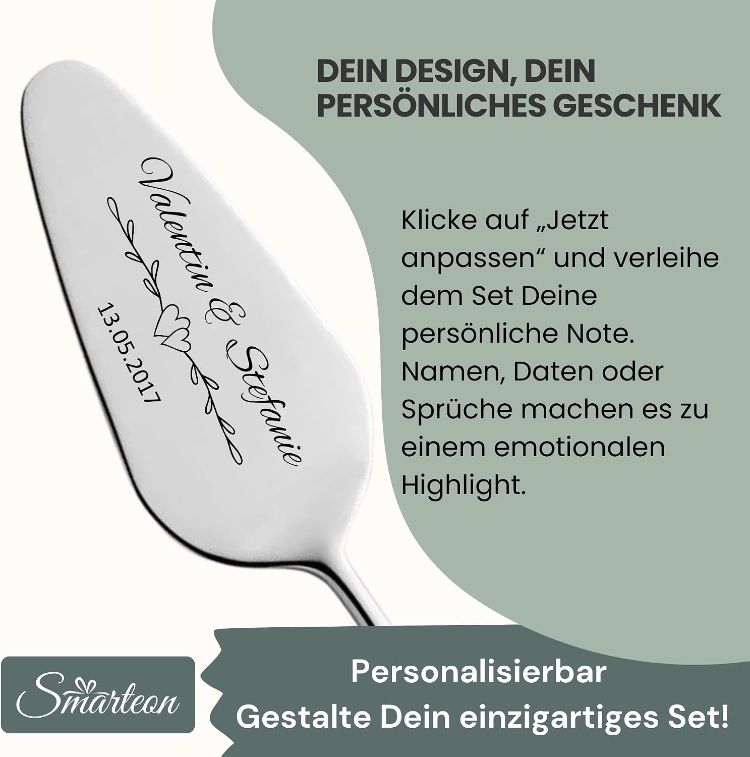 SMARTEON Cake Server Set Hand in Hand with Cake Knife and Personalised Engraving - Wedding Gifts for Newlyweds, Birthday, Anniversary, Gift Idea for Couples - Silver Set in Gift Box – Bild 5