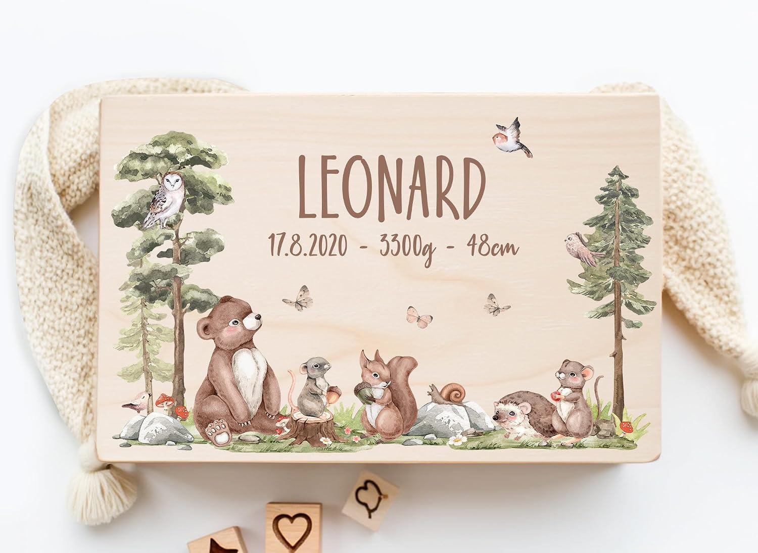 Little Deco Baby Keepsake Box, Personalised Forest Animals, 40 x 30 x 22 cm, Christening Gift, Wooden Box with Name, Gift for Birth for Boys and Girls, XHL1050-02 – Bild 2
