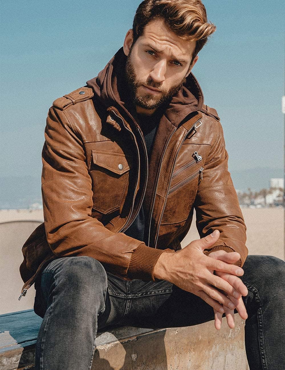 FLAVOR Genuine Leather Jacket, Men's Removable Hoodie – Bild 2