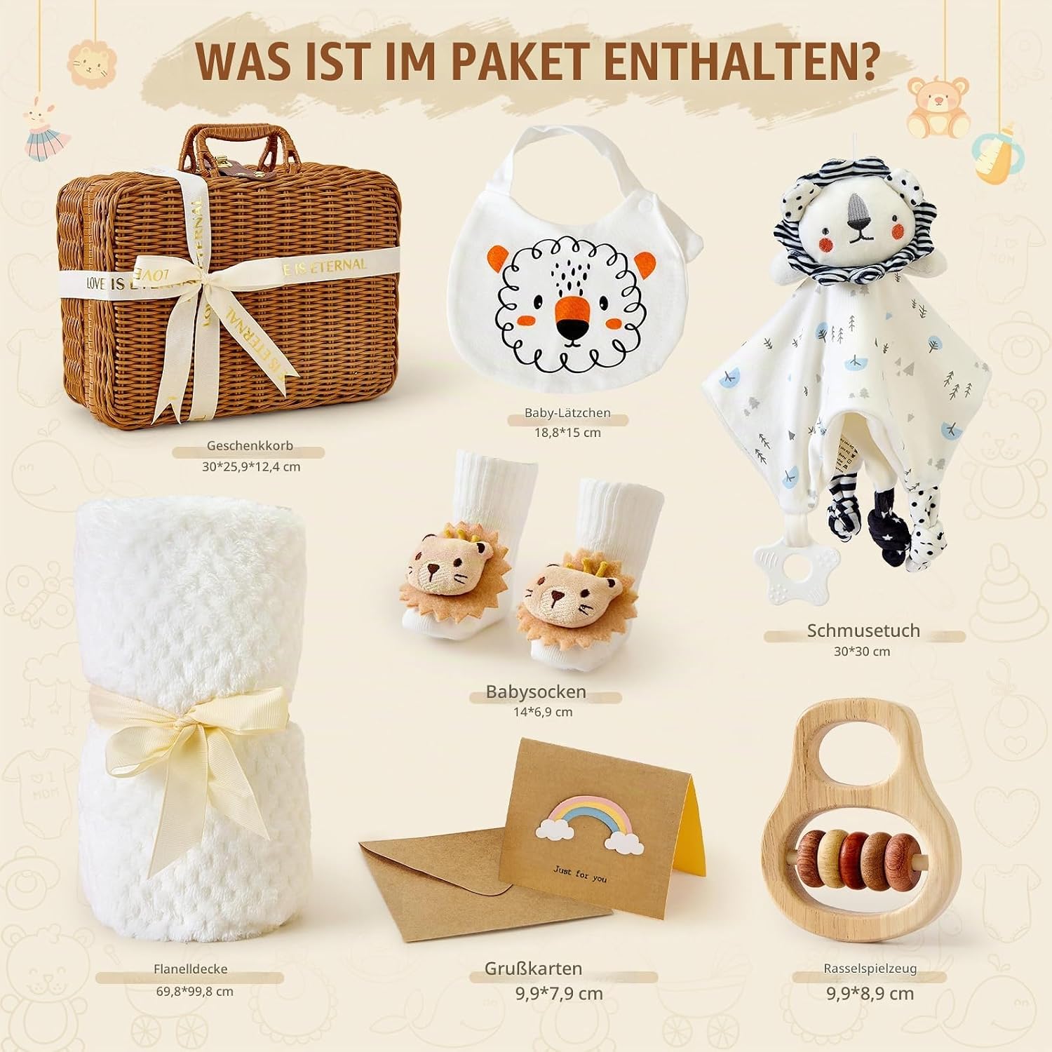 Baby Gift Boy Girl Newborn Gift Birth Boy Girl Baby Gifts with Baby Comforter with Lion Baby Blanket Bib Socks Wooden Rattle Baby Shower Gift Box Baby Shower Party – Bild 2