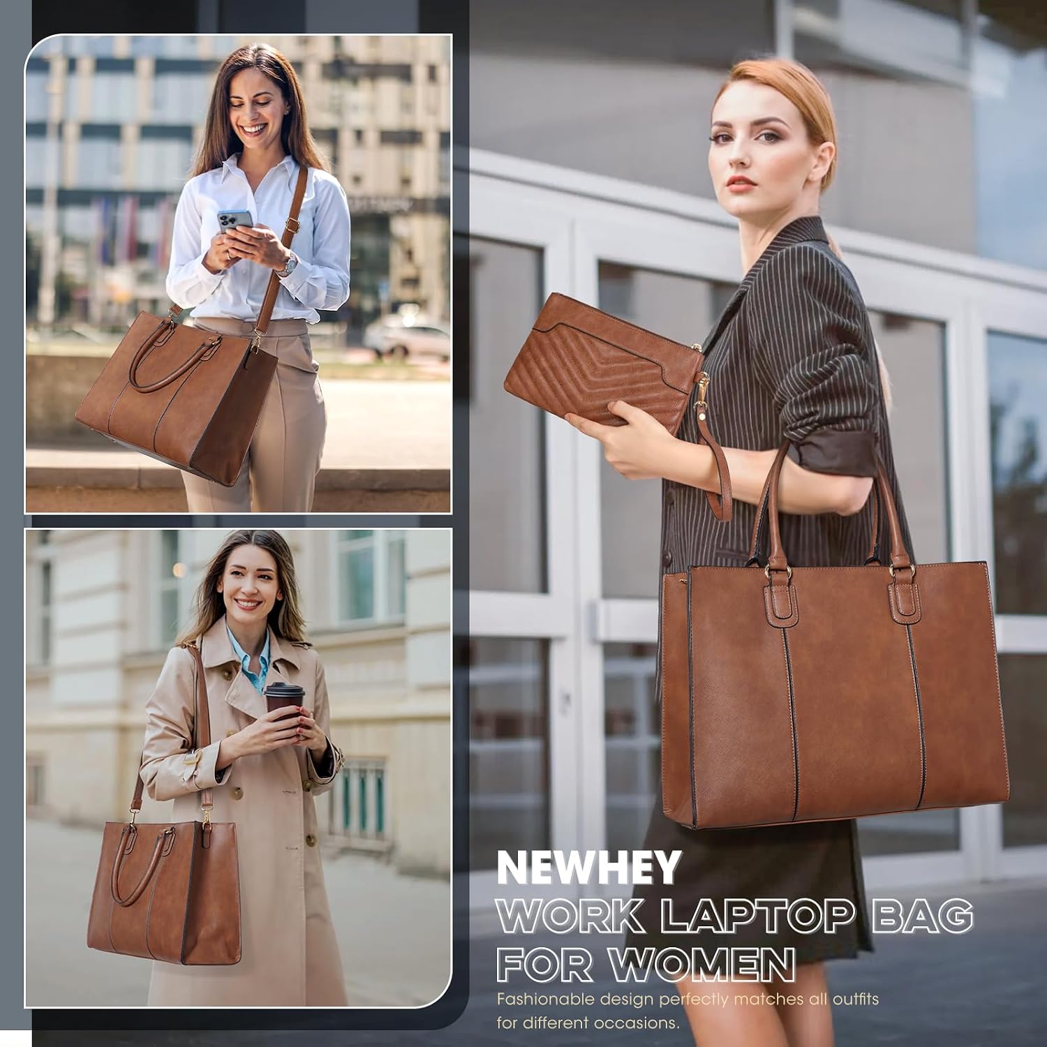 NEWHEY Handbag Women's 15.6 Inch Shopper Women's Large Work Bag Tote with Clutch PU Leather Briefcase Women's Laptop Bag Messenger Shoulder Bag for School Office Travel Business – Bild 2