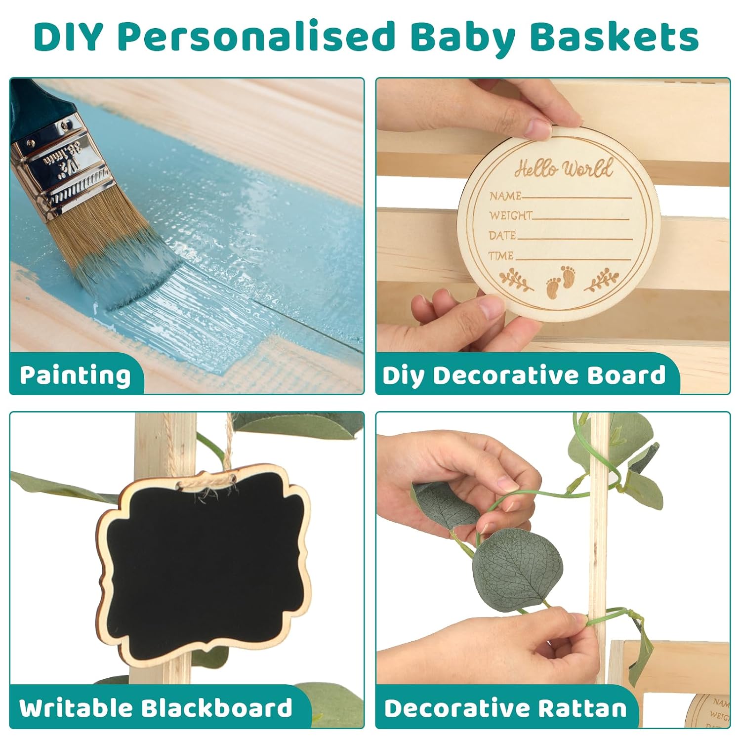 Baby Shower Gift with Wood, Baby Basket with 6 Wooden Hangers and Decorative Sheets, Gift Basket Baby Basket Gift with Wooden Sign, Baby Shower Party Gift for New Parents – Bild 5