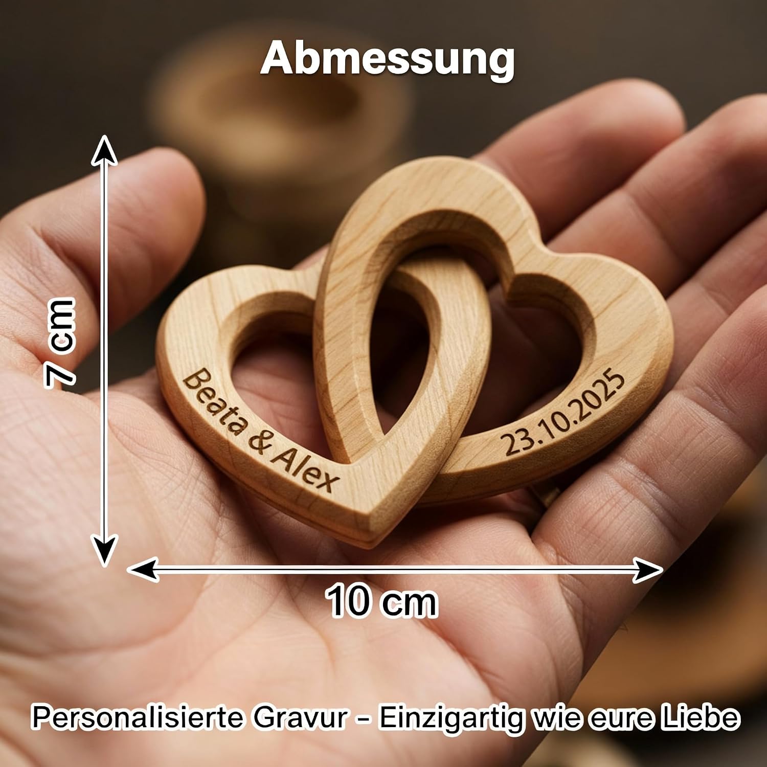 Liebtastisch Personalised Wooden Hearts - Engraved with Name & Date - Romantic Gift for Wedding, Anniversary, Engagement, Valentine's Day & Anniversary - Natural & Handmade – Bild 2