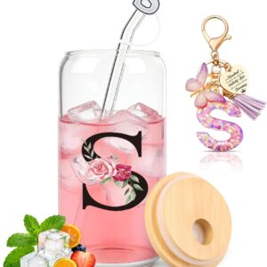 TUZELIYA S Personalised Gifts with Letters – Glass Mug with Lid & Straw + Keyring Letter, Gift for Women & Girls, Birthday, Valentine’s Day & Christmas