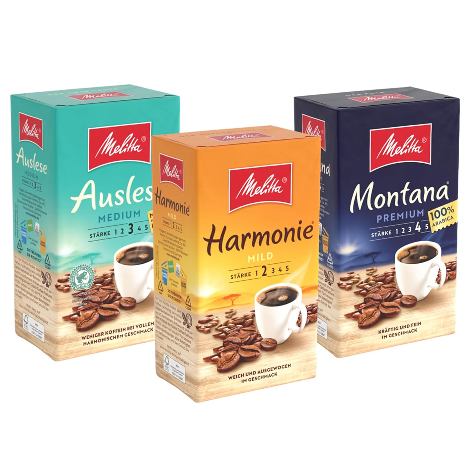 Melitta Trial Pack Filter Coffee 3 x 500 g Ground Powder for Filter Coffee Machines, Gentle and Strong Roasting, Roasted in Germany