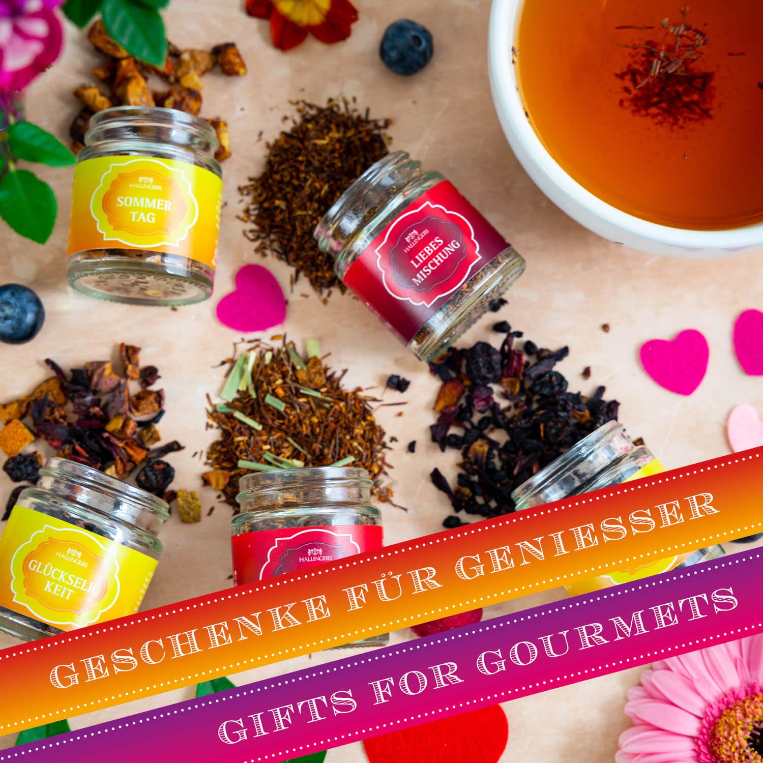 Hallingers Genuss Manufaktur Tea Gift Set - 5 Varieties Premium Loose Tea Tasting Set in Elegant Gift Box with Recipe Booklet "Fruit Basket", Gift Idea for Men and Women – Bild 4