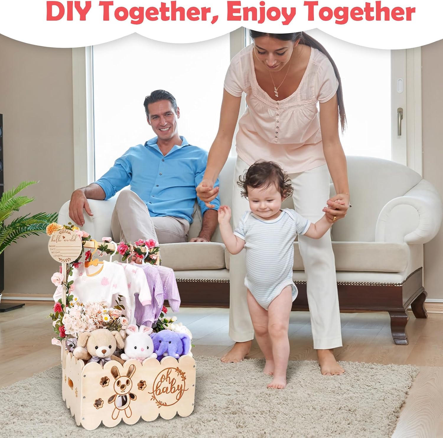 Wooden Baby Gift Basket with Handle - Baby Storage Basket, Baby Shower Cabinet with Name Badges Wood, Garlands Plastic and 4 Children's Clothes Hangers for Newborn Baby Shower New Parents – Bild 7