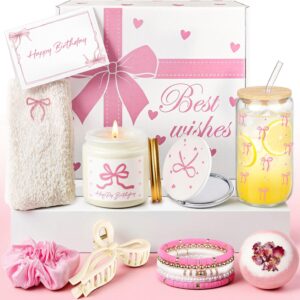 Luxury Birthday Gift for Women – Pink Bows Gift Box as Elegant Wellness Gift Set with Scented Candle, Bath Bomb, Glass Cup & Selected Beauty Accessories