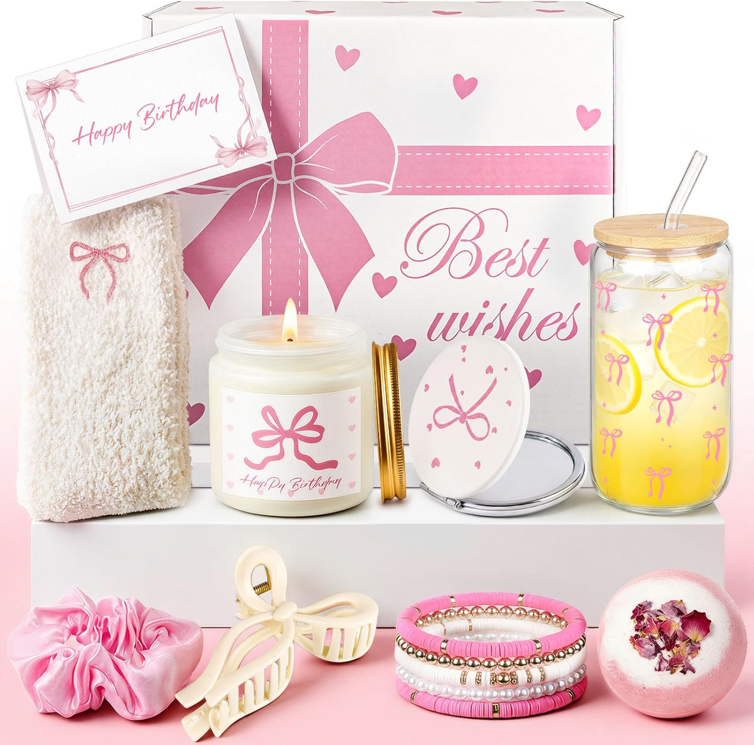 Luxury Birthday Gift for Women - Pink Bows Gift Box as Elegant Wellness Gift Set with Scented Candle, Bath Bomb, Glass Cup & Selected Beauty Accessories