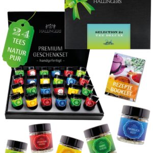 Hallingers Genuss Manufaktur Tea Gift Set – 24 Varieties Premium Loose Tea Tasting Set in Elegant Gift Box with Recipe Booklet „Tea Deluxe Sele…“, Gift Idea for Women Men