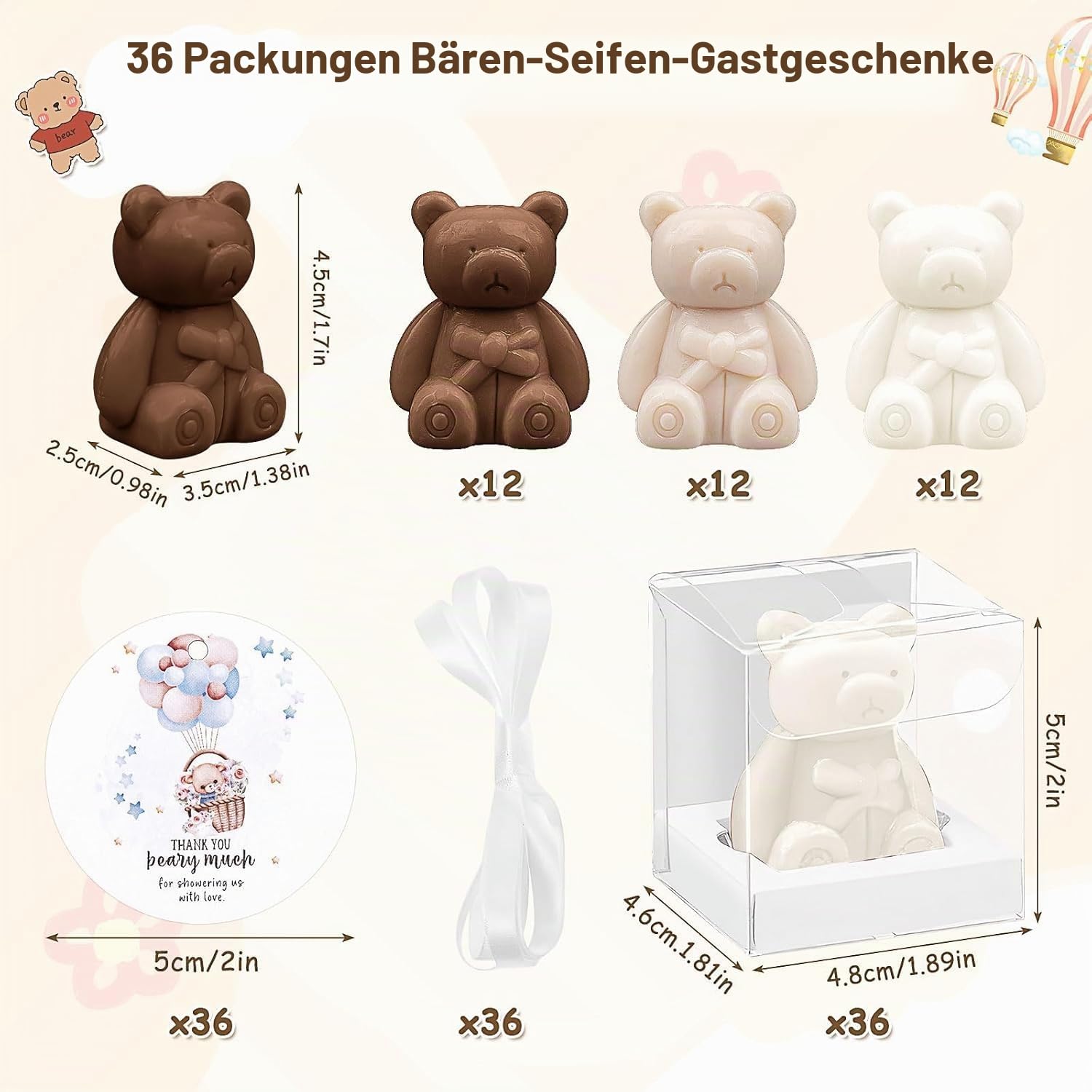 36 Pieces Bear Baby Shower Gifts, Bear Soap Party Favors with Thank You Cards and Boxes for Baby Shower Decoration, Guest Gift, Wedding Supplies (White and Brown) – Bild 2