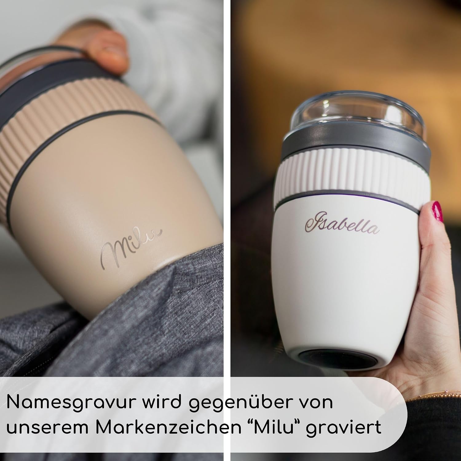 Milu Cereal Cup to Go, 400 ml, with Name Engraving, MüsliMax Stainless Steel Yoghurt Cup for Cereal, Leak-Proof Cup with Spoon (Engraving) – Bild 4