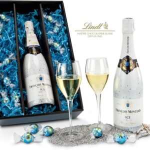 Römer Präsente Gift Set Ice Edition: 14 Pieces; 1 Francois Montand Ice Edition Champagne Glasses + 2 Champagne Glasses + 10 Lindt Lindor Balls Stracciatella – a perfect, ice-fresh combination!