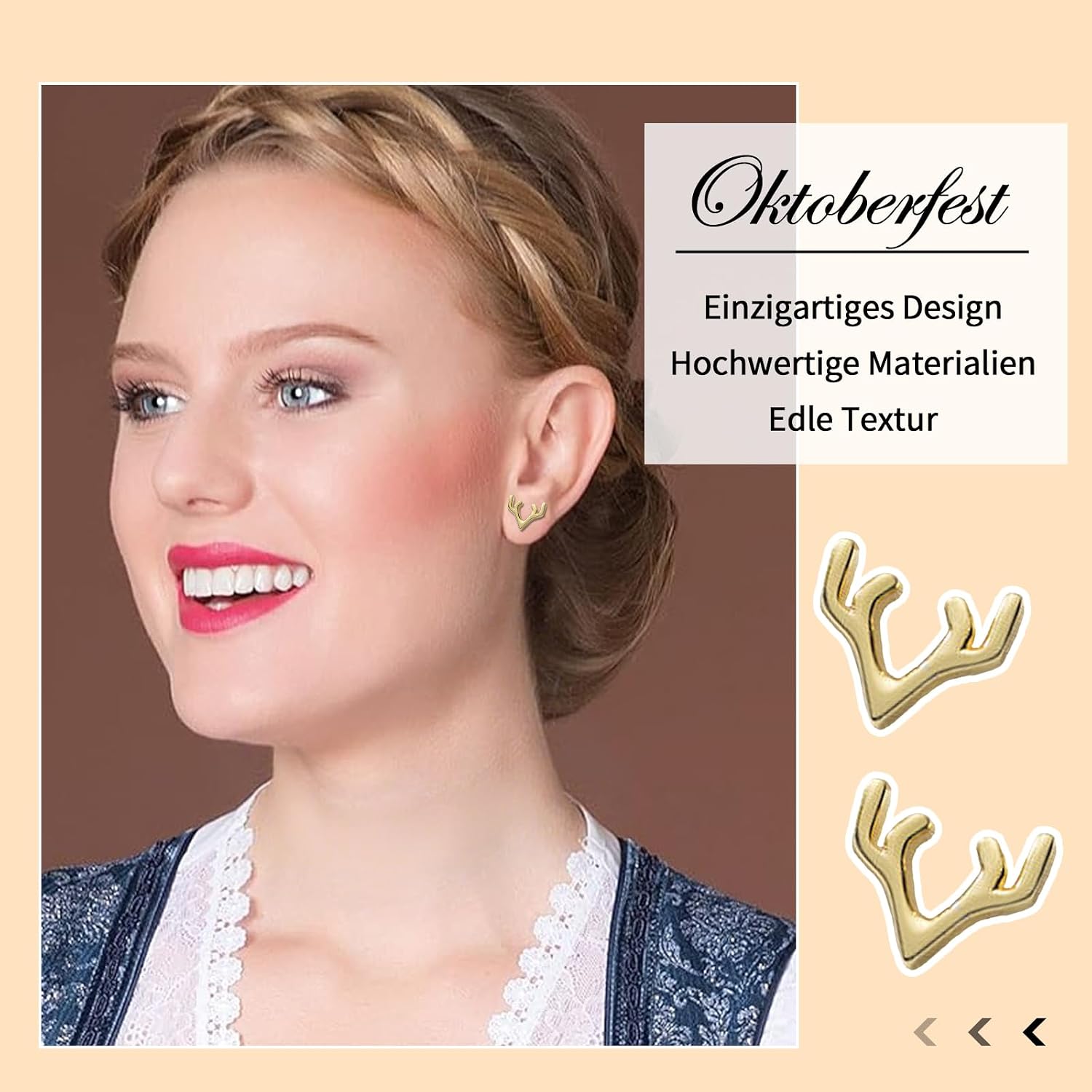 Oktoberfest Decoration, 4 Pairs of Stud Earrings with Edelweiss Stud Earrings, Silver and Pink Stones, Elk Antlers, Pretzel Earrings, Beer Lover Gift, Oktoberfest Accessories, Cute Girl Exotic, Boho – Bild 6