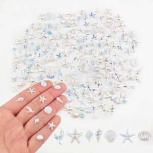 Pack of 200 Mini Pearl White Sea Decorative Charms, Iridescent Decorations for Nail Design and Craft Projects with Starfish and Shells
