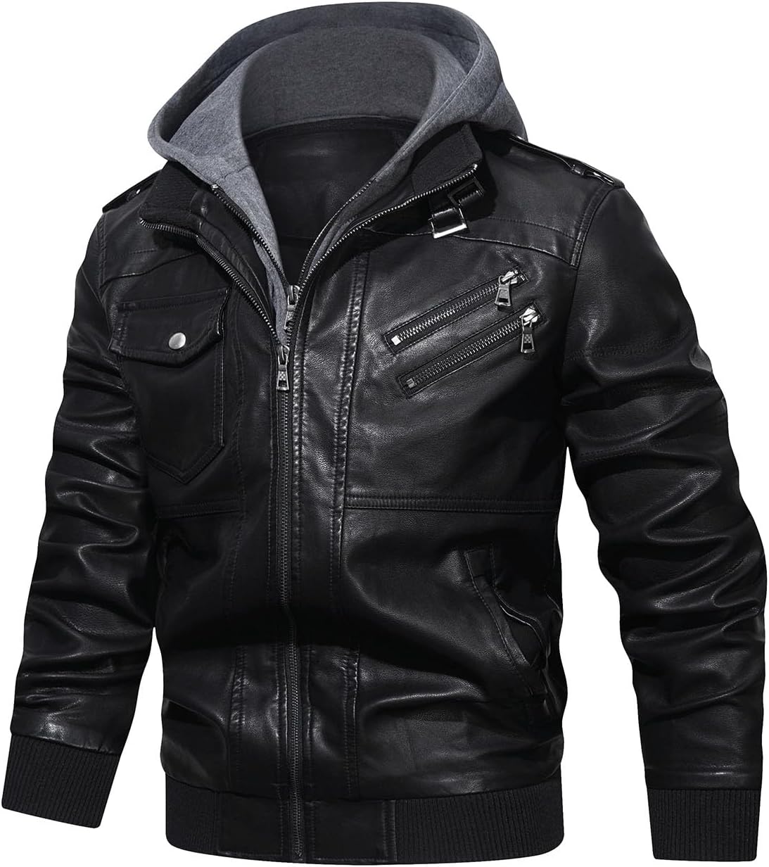 HOOD CREW Casual Biker Leather Jacket Made of Faux Leather for Men with Removable Hood – Bild 2
