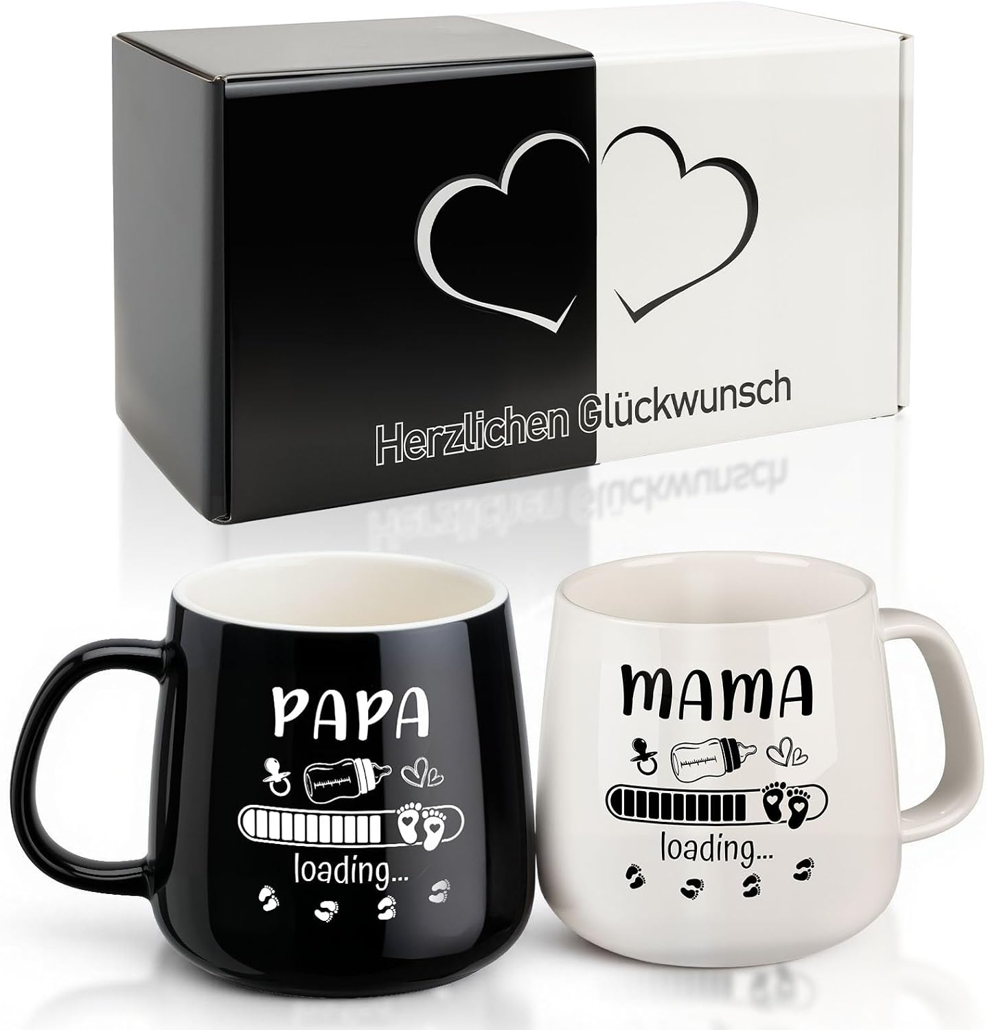 TUZELIYA Mama & Dad Coffee Mug Set - Gift to Be Parents, 350 ml Black and White Cups for Pregnancy, Baby Shower, Valentine's Day & Anniversary