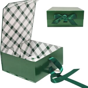 Tekhoho Green Gift Box 22 x 22 x 10 cm, Premium Gift Box with Magnetic Lid and Bow for Holidays Wedding Birthday Gift Packaging, Checked Lining