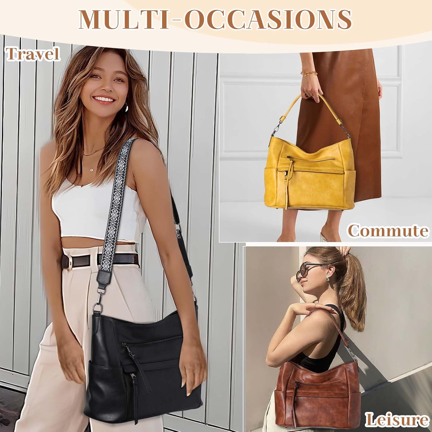 VASCHY Handtasche Damen, Vegan Leder Schultertasche Henkeltasche Groß Crossbody Hobo Bag Umhängetasche Geldbörsen Set – Bild 2