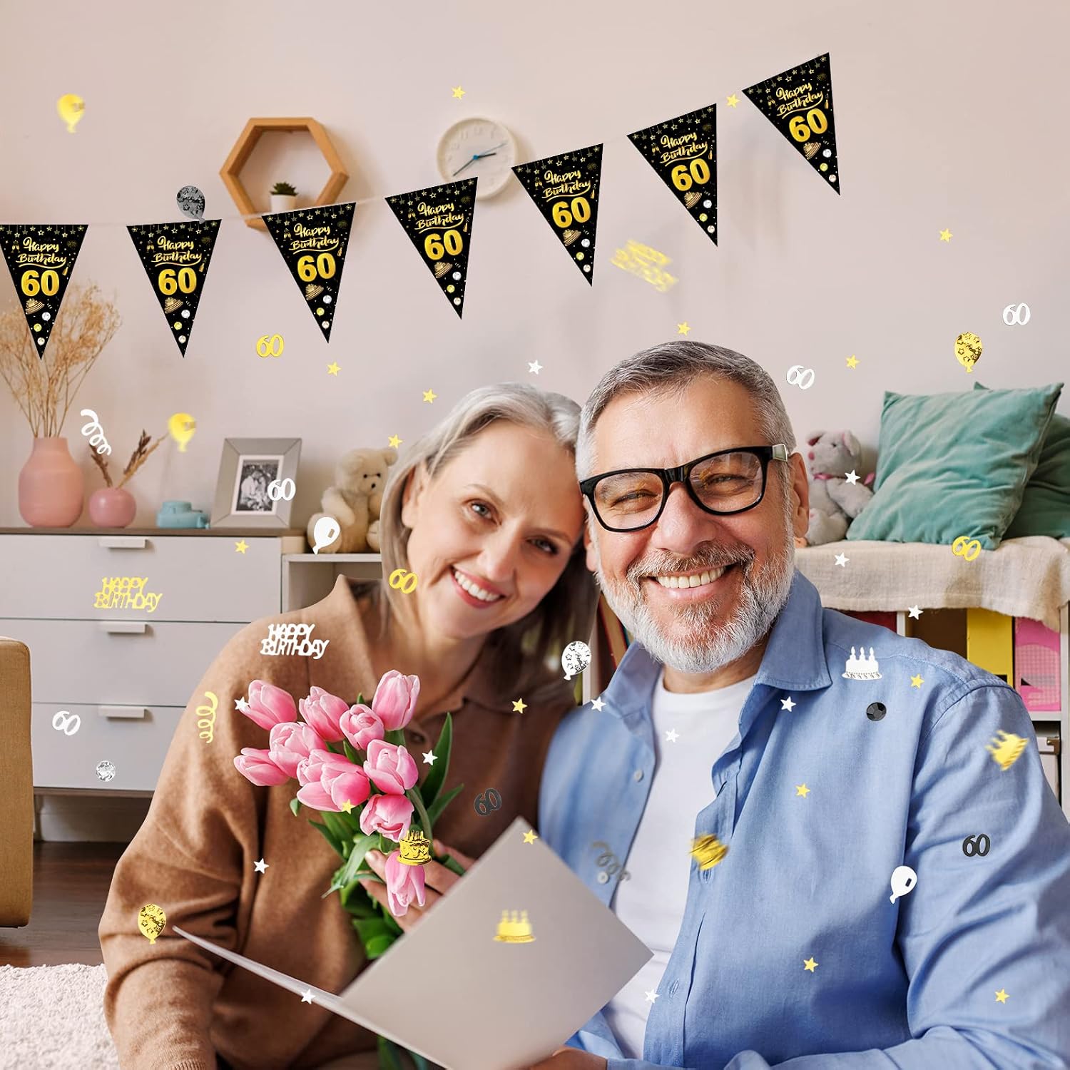 GoldRock 60th Birthday Decoration Confetti, Gold, Black, Table Decoration, Glitter Confetti Confetti, for Women, Men, for Wedding, Anniversary, Party Decorations – Bild 6