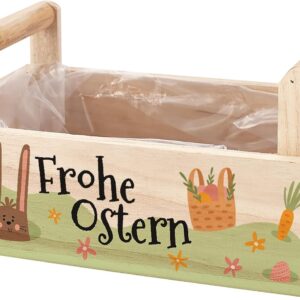 Herz & Heim Easter Wooden Plant Basket „Frohe Ostern“ – Decorative Gift Basket & Plant Box – Easter Gift Box for Flowers & Easter Baskets – 3 Variants (2 Handles (26 × 13 × 16 cm)