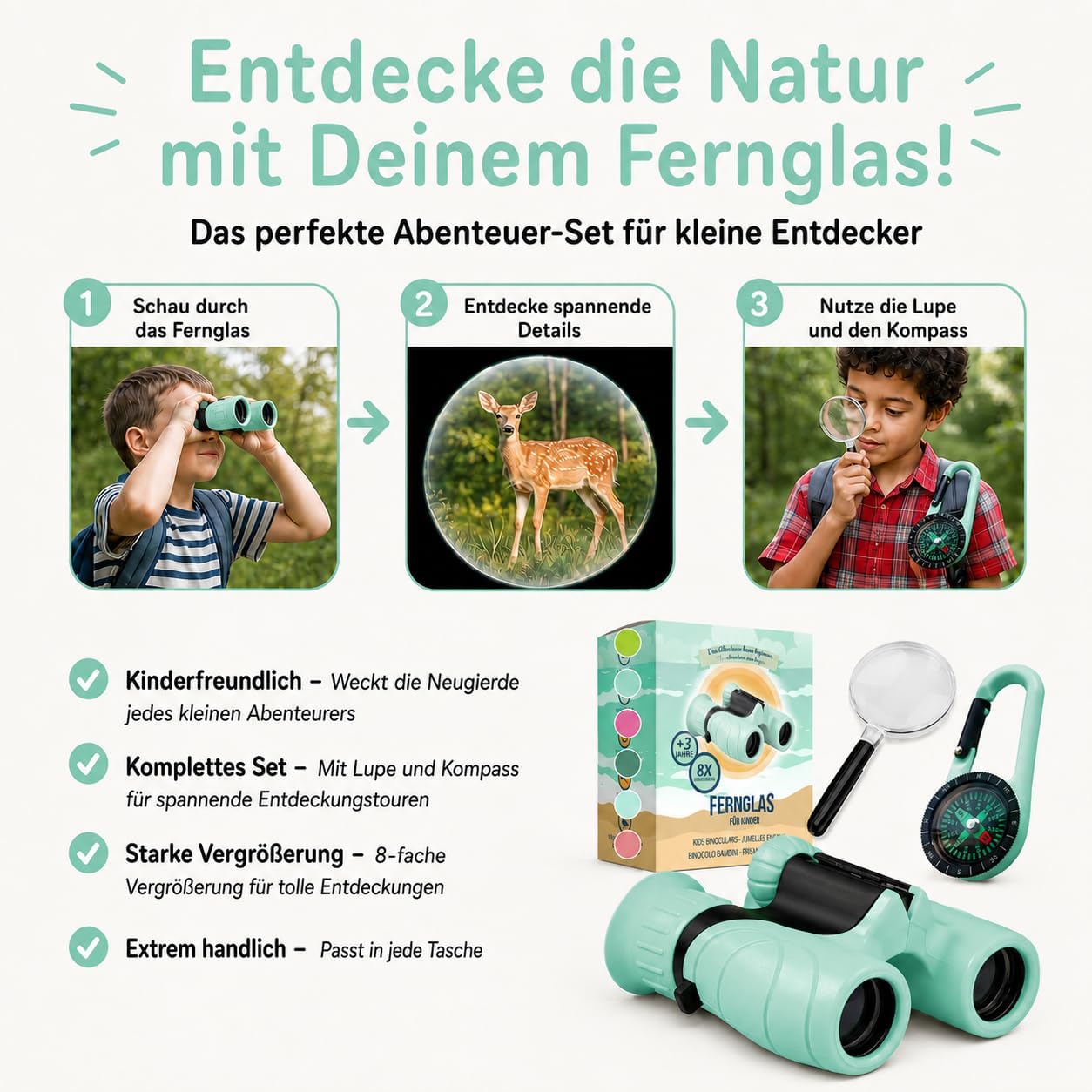 Binoculars for Children - Ideal Gift for Boys and Girls - Strong Magnification 8 x 21 - Comprehensive Set Including Magnifier & Compass - Toy for Children 3-12 Years – Bild 6