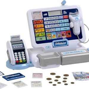 Theo Klein 9324 Tablet POS Station, Game Cash Register with Sound and Removable Tablet, POS Terminal with Mechanical Function, Scanner and Play Money, Toy for Children from 3 Years