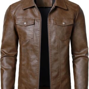 HOOD CREW Men’s PU Leather Jacket Motorcycle Biker Jackets Leisure Lightweight Faux Leather Jacket