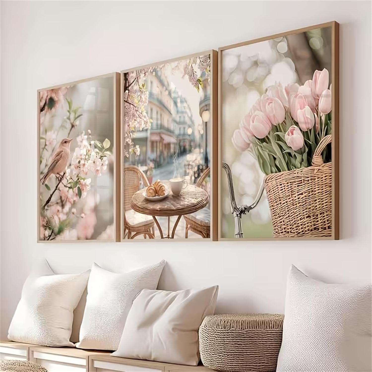Meuzzvor Set of 3 Canvas Wall Pictures Spring Tulips & Birds Aesthetic Pictures Living Room Poster Wall Decoration Bedroom Picture Modern Wall Art Gift (40 x 50 cm)
