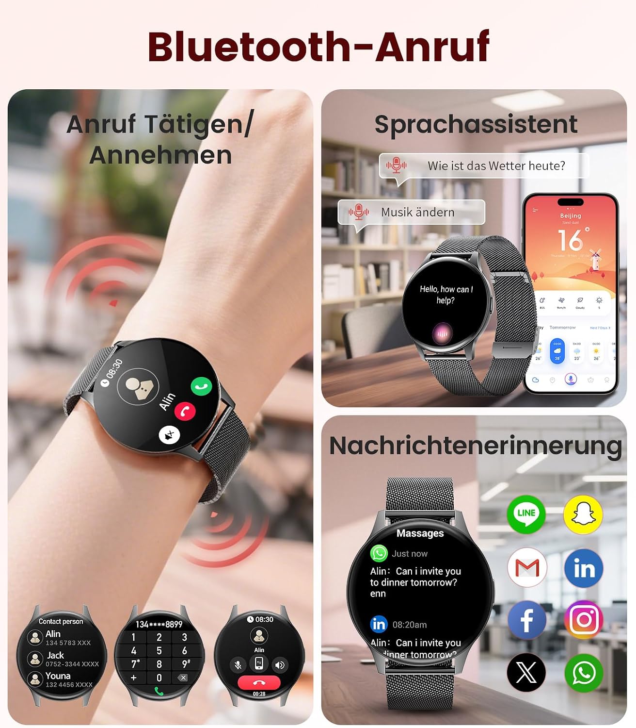 Women's Smartwatch (2 Bracelets), Premium Metal Bracelet, 1.43 Inch HD AMOLED Display, 120+ Sports Modes, Fitness Watch with Sleep Tracking, Phone Function, Watch for iOS Android, Black – Bild 4