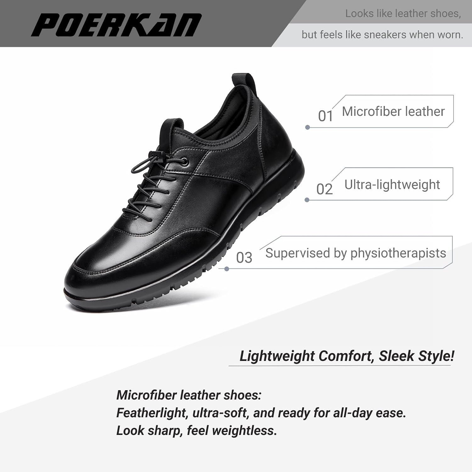 Poerkan Lightweight Leather Business Sneakers for Men - Arch Support, Odor Resistant and Anti Fatigue, for All Day Walk, Recommended by Physiotherapists – Bild 2