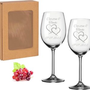 laser-diele Leonardo Wine Glasses with Engraving – Two Hearts – Personalised with Name and Date – Wedding Gift for the Bride and Groom – 460 ml Red Wine