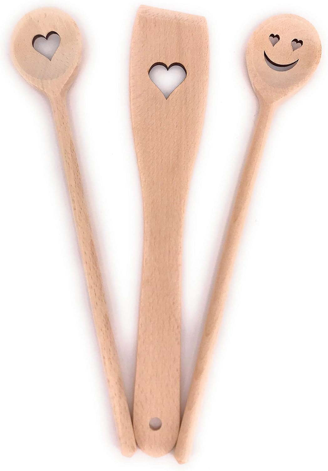 Balna Cooking Spoon Set Wooden Cooking Spoon Wooden Heart Gift Ideal for Wedding Valentine's Day Birthday Lovers Kitchen Set 2 Wooden Spoons + 1 Spatula Beech Wood 30 cm – Bild 2