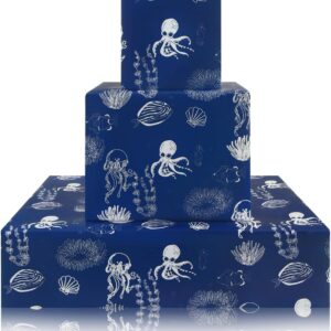 Octopus Jellyfish Seahorse Fish Ocean Nautical Royal Blue Under Water Sea Creature Coastal Wrapping Paper Birthday Baby Shower Wrapping Paper 4 Sheets Flat Folded 50 x 70