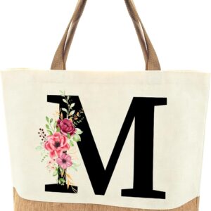 Personalised Initials Jute Bag for Women, Large Beach Bag with Letter and Flowers, Jute Shopper Bag, Women's Fabric Bag, Gifts for Women, Mum, Colleague, Girlfriend for Birthday, Wedding