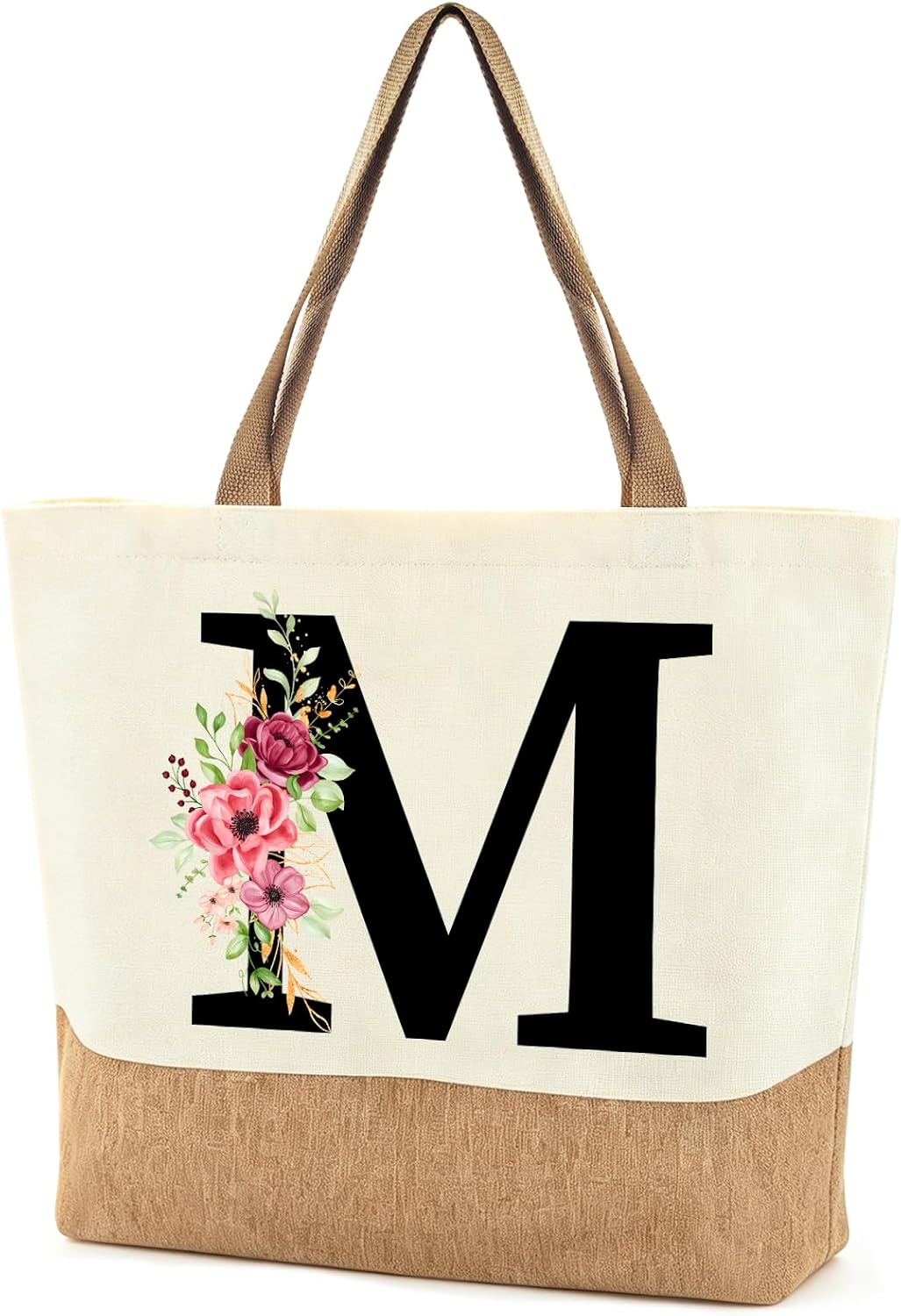 Personalised Initials Jute Bag for Women, Large Beach Bag with Letter and Flowers, Jute Shopper Bag, Women's Fabric Bag, Gifts for Women, Mum, Colleague, Girlfriend for Birthday, Wedding