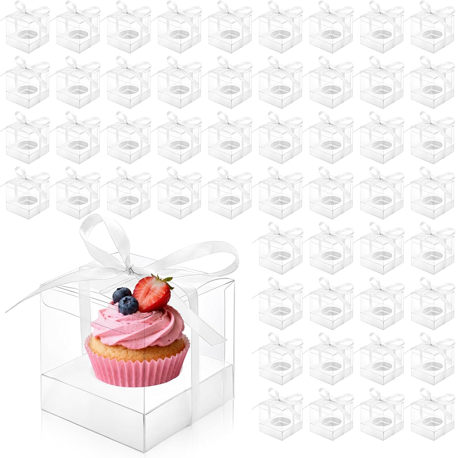 Cididu Transparente Cupcake-Box für einzelne Cupcakes, 8,9 cm, Kunststoff, Mini-Cupcake-Aufbewahrungshalter mit Bändern, Ornament, Süßigkeiten, Geschenk-Box für Party, Hochzeit, Babyparty, 50 Stück – Bild 8