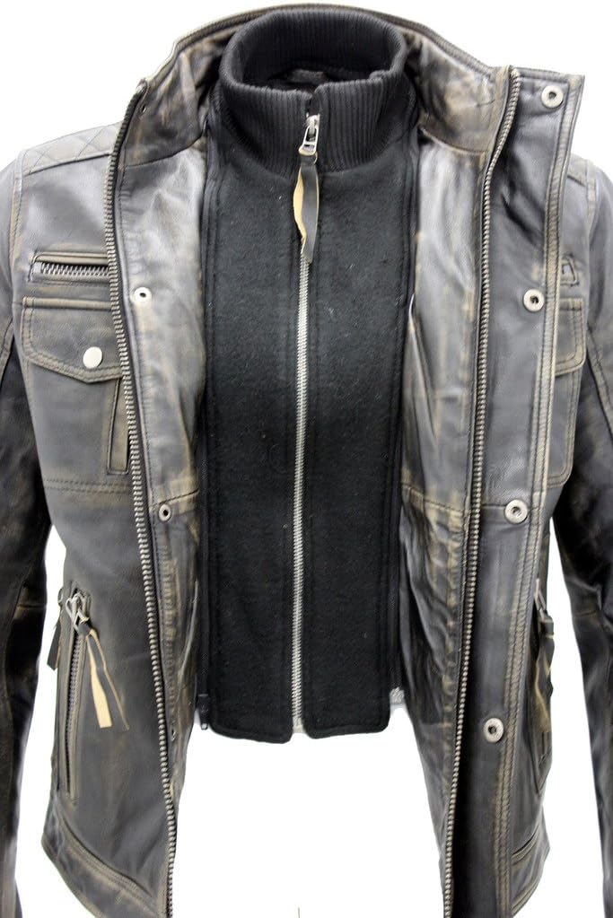 Infinity Men’s Brando Leather, Biker Jacket, Black, Warm, Vintage – Bild 3