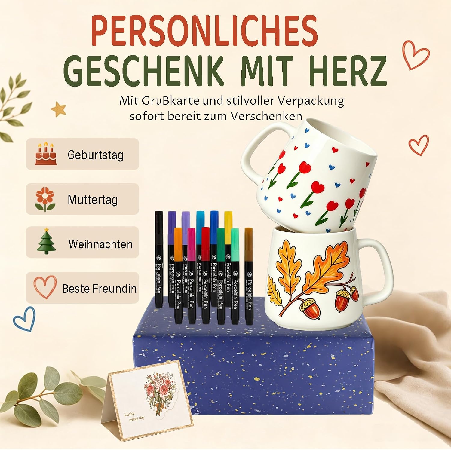 Ceramic Painting Set for Adults, Creative DIY Cups Painting Set for Beginners with 2 White Porcelain Cups for Painting, 12 Colouring Pens, Greeting Card & Stencils, Creative Craft Set Adults – Bild 7