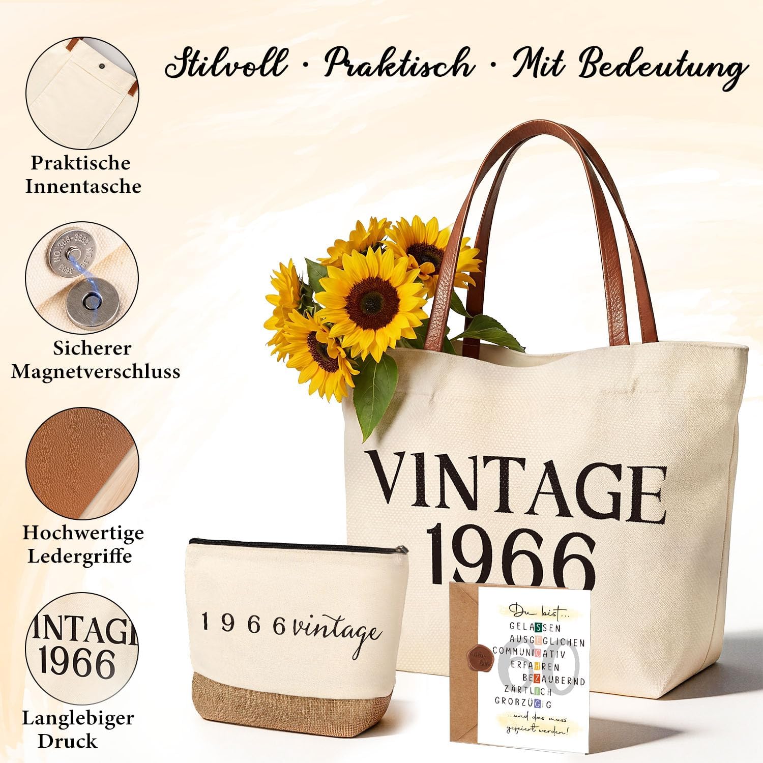 Giftota Gift Woman 60th Birthday, Vintage 1966 Gift Set for Women, Canvas Tote Bag with Leather Handles & Cosmetic Bag, Back in 1966 Birthday Gift – Bild 5