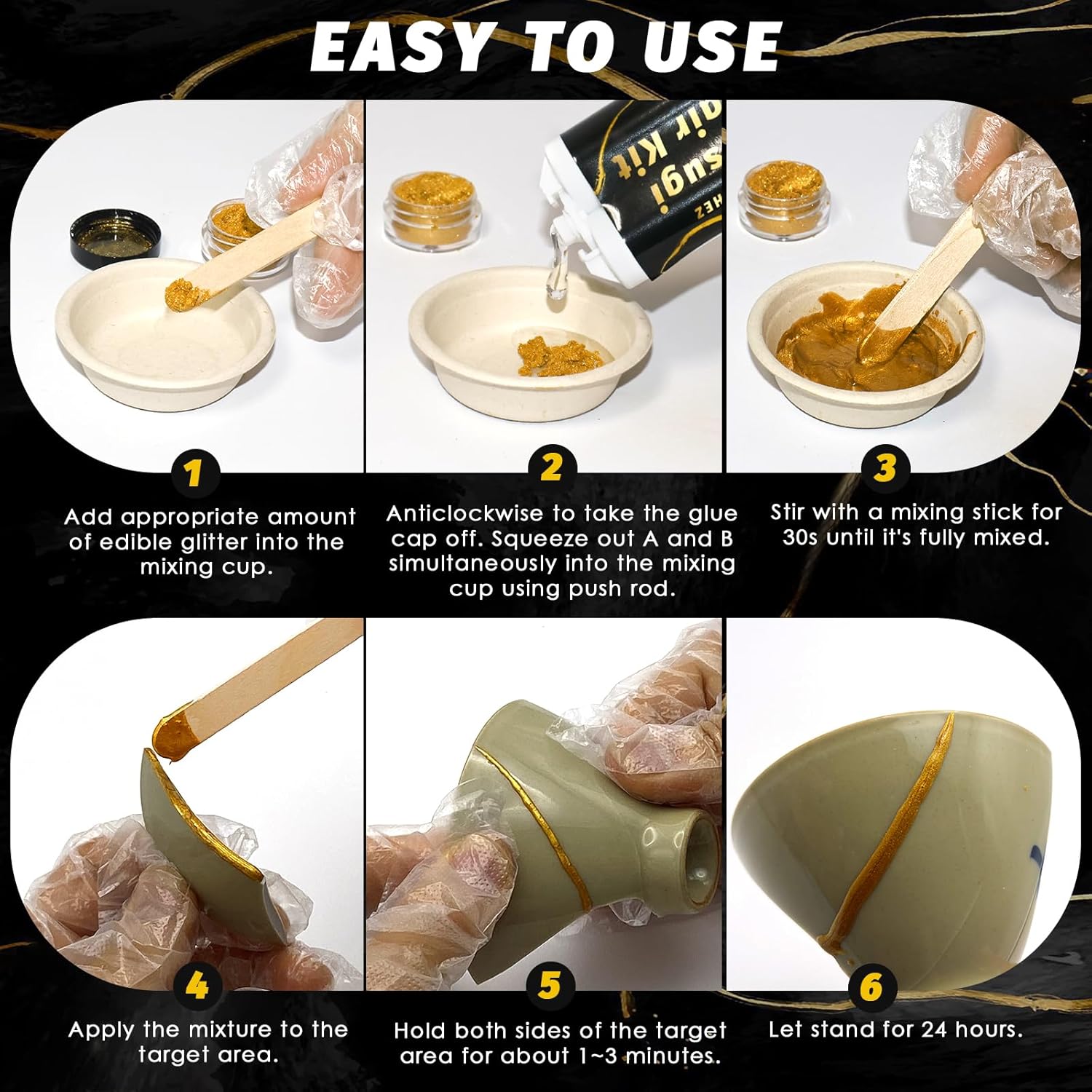 Kintsugi Repair Set - Food-Grade Porcelain Glue & Ceramic Repair Kit in Gold - Gold Glue for Ceramics, Porcelain, Glass, Jade & Sculptures - Japanese Kintsugi Art for Breakage Points – Bild 5