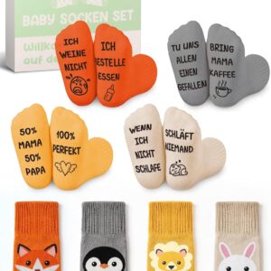 TUZELIYA Baby Socks 0-12 Months Gift Boy Girl – ABS Non-Slip Socks Animal Motifs with Funny Sayings – Baby Socks Gift for Birth, Baby Shower & Pregnancy Gift