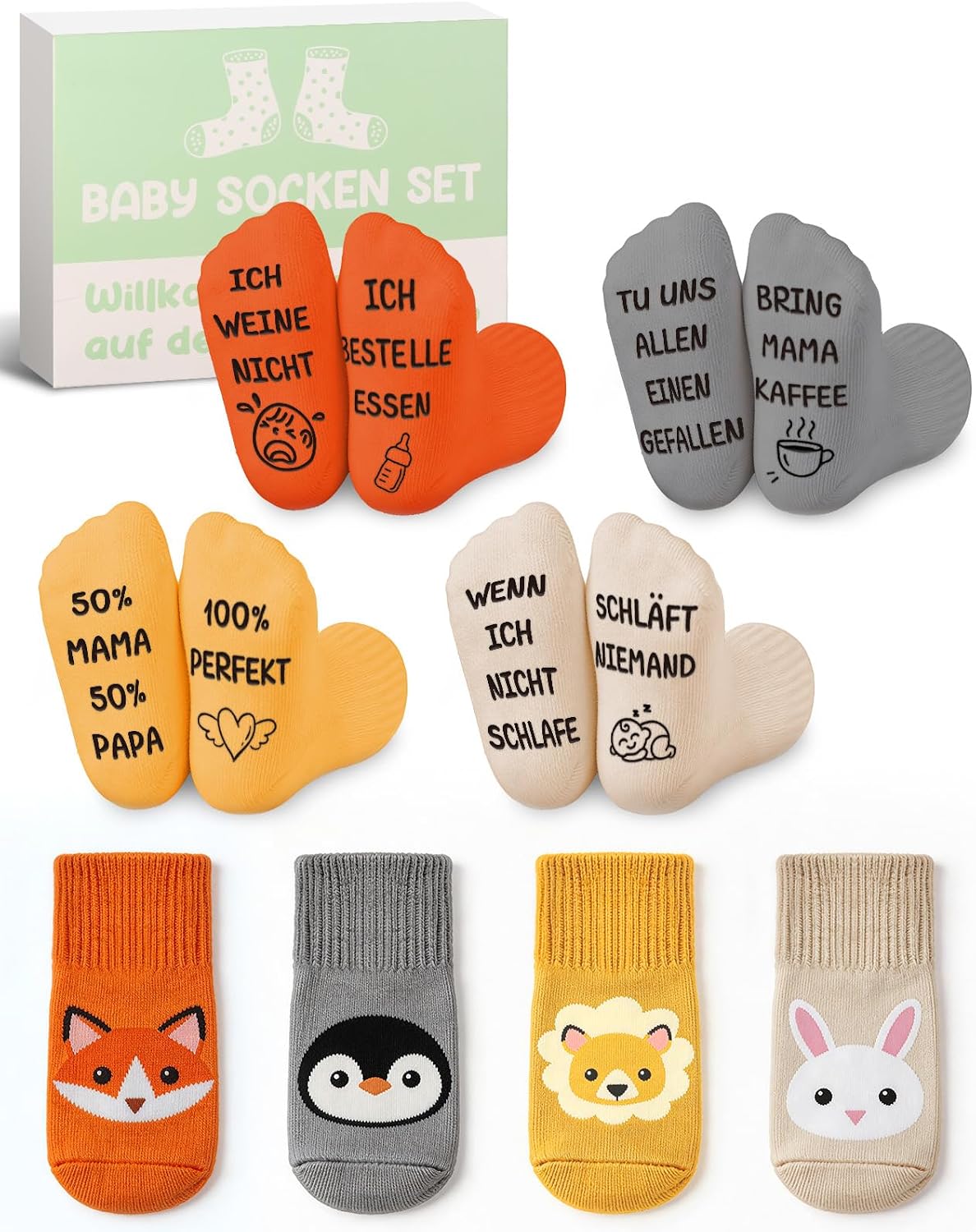 TUZELIYA Baby Socks 0-12 Months Gift Boy Girl – ABS Non-Slip Socks Animal Motifs with Funny Sayings – Baby Socks Gift for Birth, Baby Shower & Pregnancy Gift
