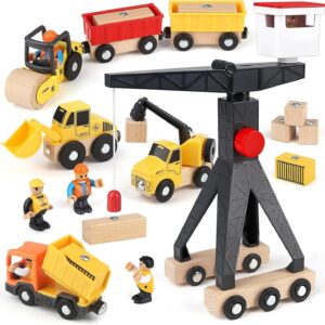 Vanplay Construction Site Vehicles Children’s Crane Toy Wooden Toy Construction Site Toy from 3 Years Boy with Tower Crane Excavator Crane Truck Dump Truck Road Roller Gift 3 4 5 Years Boy
