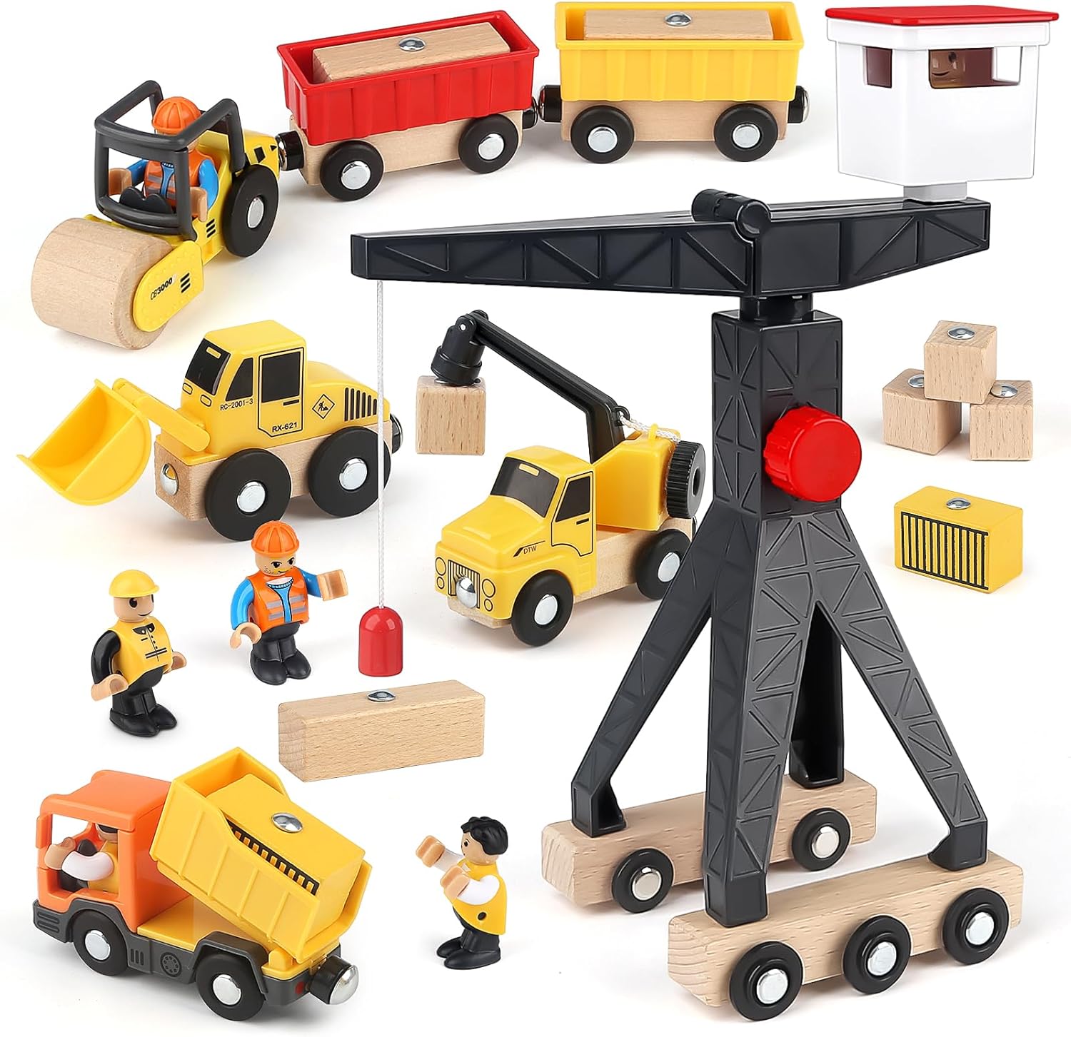 Vanplay Construction Site Vehicles Children's Crane Toy Wooden Toy Construction Site Toy from 3 Years Boy with Tower Crane Excavator Crane Truck Dump Truck Road Roller Gift 3 4 5 Years Boy