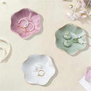 Set of 3 Ceramic Jewellery Bowls, Flower Shape Jewellery Plates, Decorative Jewellery Bowl, Aesthetic Room Decor, Ring Bowl for Bedroom, Dressing Table, Bedside Table (Pink + Green + Grey)