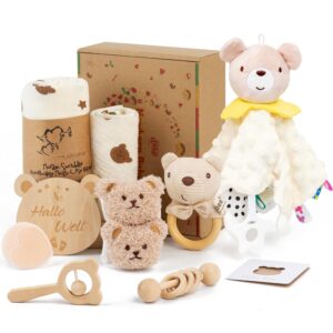 Birth Gift – Baby Comforter with Wooden Rattle, Rattle, Silicone Brush, Baby Blanket, Socks – Baby Shower Gift Box