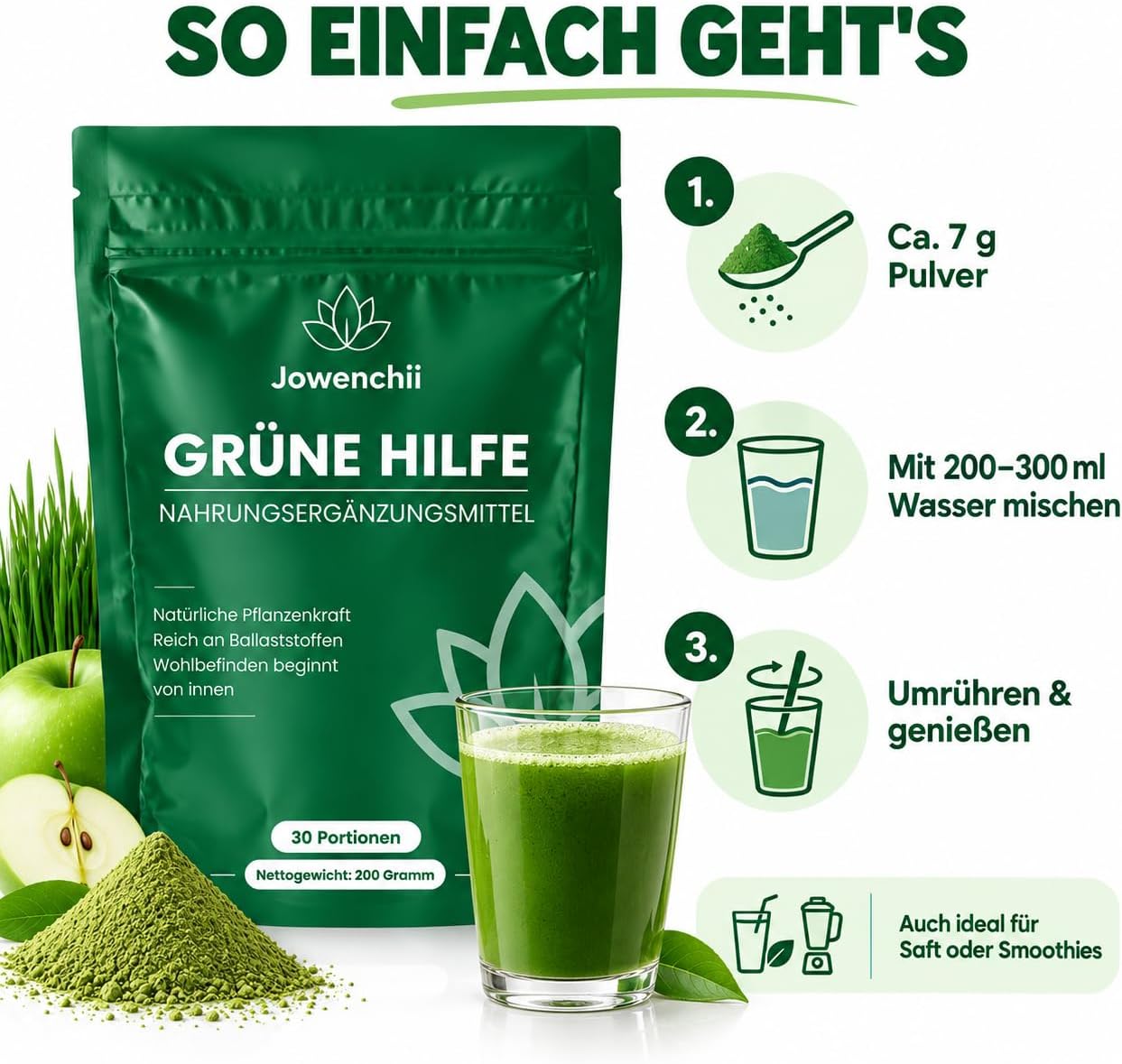 Green Superfood Powder 200 g - Vegetable Superfood Blend with Barley Grass, Spirulina, Matcha, Chlorella, Wild Blueberry & Inulin - Green Drink with Apple Flavour, Vegan & No Added Sugar – Bild 5