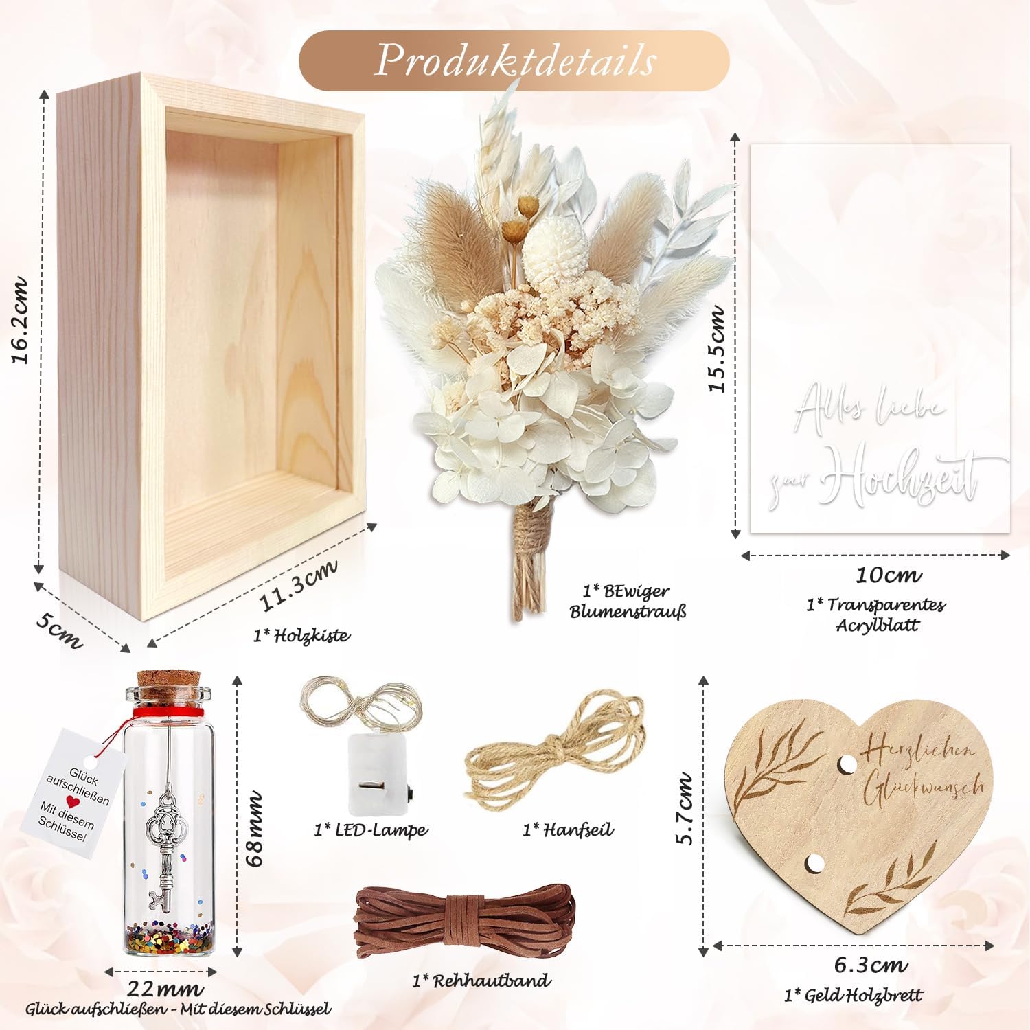 Wedding Gifts for Newlyweds, Money Gifts, Wedding, Love, Romantic Gift for Her, Includes Eternal Flowers, Wooden Box, Plastic Test Tube, Fairy Lights, Key Gift Box – Bild 2